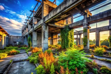 Fototapeta premium Exploring urban decay: post-industrial ruins, gray cityscape, concrete textures, monochrome photography's haunting beauty.