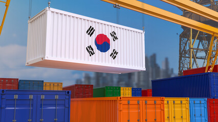 3D rendering of a shipping container with the South Korean flag suspended from a crane in a port dock.