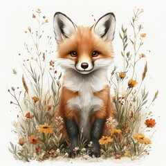 Obraz premium A charming red fox sitting among vibrant wildflowers in a serene natural setting, evoking tranquility