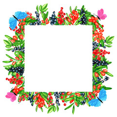 Naklejka premium Watercolor wreath on white background. Summer frame black currant, red currants, sea ​​​​buckthorn, butterfly. Berries design. Perfect for card, poster, postcard, invitations, wedding, birthday party.