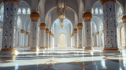 Fototapeta premium An opulent interior space featuring intricate architecture and elegant chandeliers.