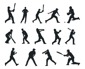 Cricket Silhouette Collection Vector Set, Cricket batsman in action, And Cricket helmet, Stump, Gloves & Gured Isolated Black Color Clipart Bundle