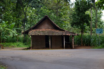 A rustic bamboo house stands by a quiet rural road, surrounded by lush greenery, showcasing traditional architecture
