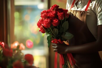 African American female salesperson in apron holding bouquet of red roses. Close-up