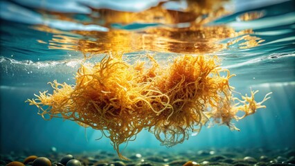 Naklejka premium Golden dried sea moss flakes suspended in water, revealing its gelatinous texture and subtle golden color, with a slight sheen , underwater scene, aquatic environment