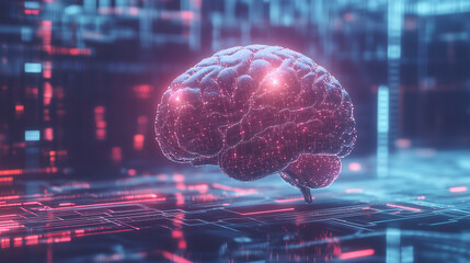 Futuristic Artificial Intelligence Concept Featuring a Glowing Neural Network Overlay on a Translucent Human Brain Model with a Digital Grid and Circuit Board Pattern Background.