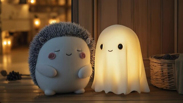Ghost and hedgehog pair in peaceful composition. Static camera with soft focus. Ghost pulses with gentle luminescence while hedgehog shows subtle breathing movement. 