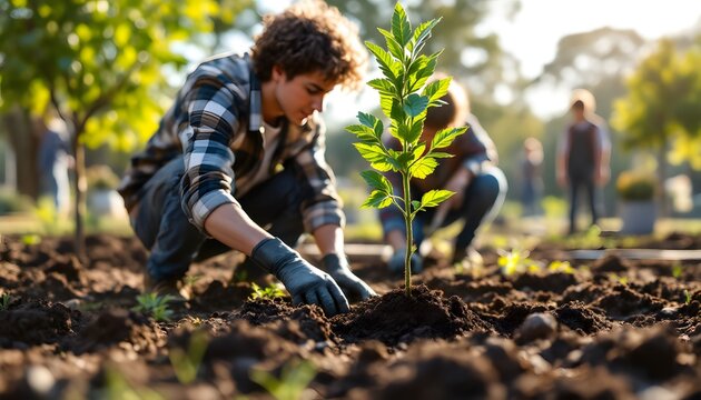 A hyper-realistic image of a group of teenagers working together to plant trees in a community garden. One teenager is holding a small tree sapling, while another digs a hole with a shovel. 