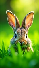 Fototapeta premium A cute rabbit sitting in green grass, embodying the essence of nature and tranquility.
