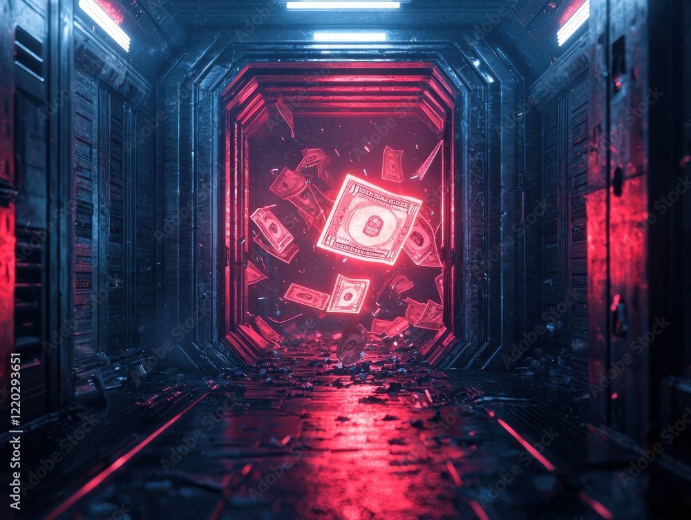 Poster a futuristic corridor illuminated by red neon lights, featuring floating digital elements amidst sca