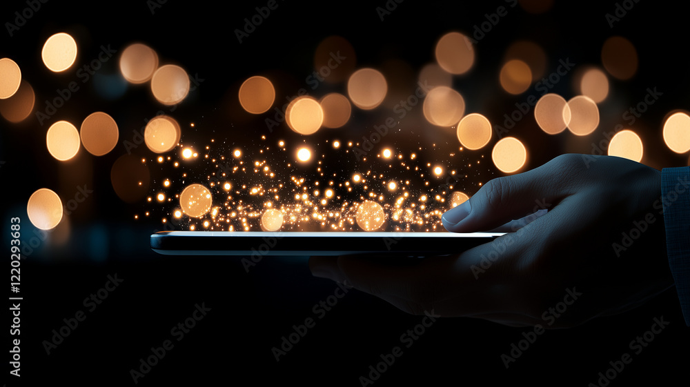 Poster hand holding smartphone emits glowing particles against dark background, creating magical atmosphere
