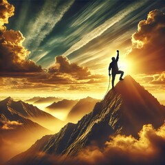 A stunning illustration of a climber reaching the peak of a mountain at sunrise, symbolizing victory, perseverance, and the journey toward achieving greatness