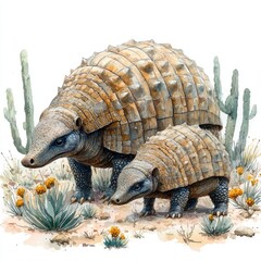 Fototapeta premium Two armored creatures with distinctive shells walking through a desert landscape with cacti and flowers