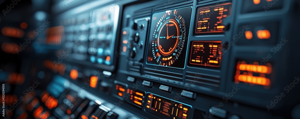 Poster a close-up view of a futuristic control panel featuring glowing screens, buttons, and dials, suggest