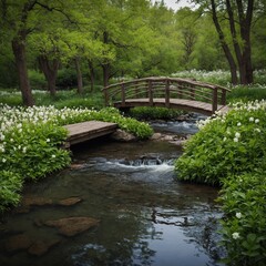 A beautiful park during spring with green foliage, white flowers, and a small wooden bridge crossing a creek.