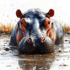 Fototapeta premium Close-up of a hippo in muddy water, showcasing its features and surrounding natural habitat