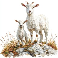 Obraz premium A serene scene featuring a mother goat and her kid standing on a rocky outcrop surrounded by grass