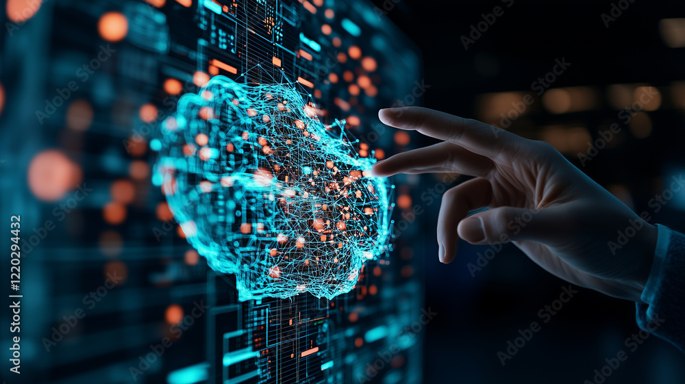 Aufkleber person interacts with digital brain interface, showcasing advanced technology and neural networks. g