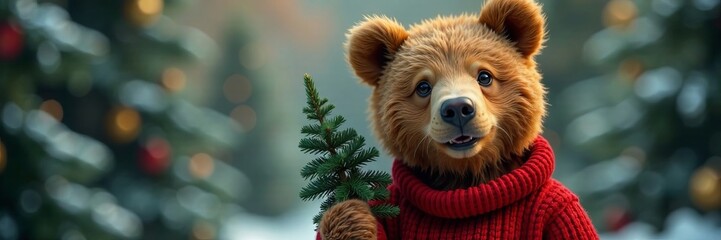 A festive bear wearing a red sweater holds a small tree among snowy trees.