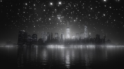 Fototapeta premium Monochrome cityscape at night with a starry sky reflected in water.