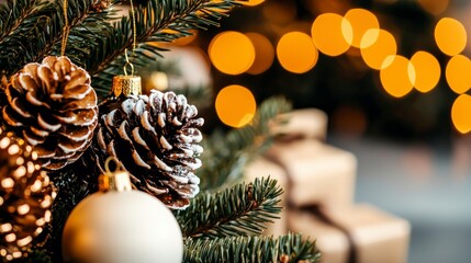 Festive Christmas Tree Ornament Close up  Pine Cones  Baubles  Lights