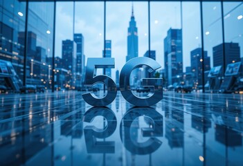 Digital representation of 5G technology amidst a futuristic smart city skyline, highlighting innovation and connectivity.