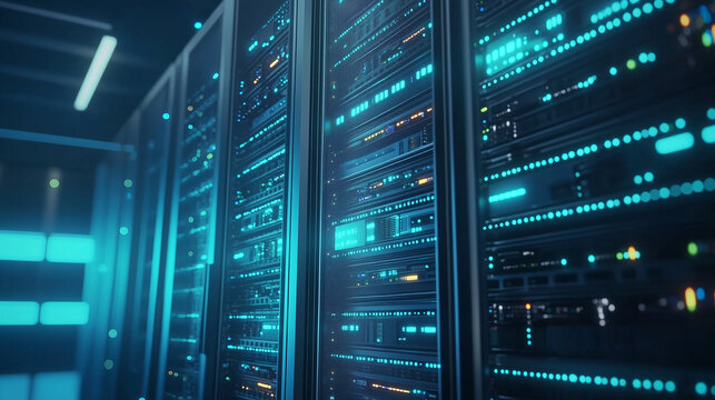 High-Tech Data Center Server Rack Illuminated by Blue and Green LED Lights, Surrounded by Neatly Organized Network Cables, Demonstrating the Future of IT Infrastructure.