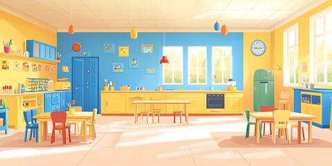 Fototapeta premium Empty preschool playroom with colorful furniture