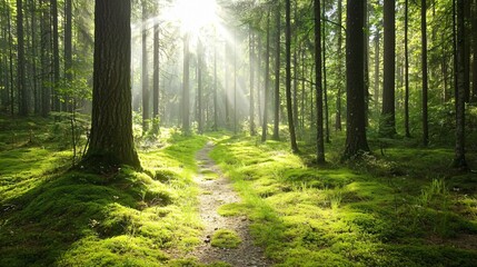 Obraz premium Exploring a Serene Forest Trail Vibrant Nature Photo Lush Environment Sunlit Viewpoint Tranquil Vibes