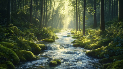 Fototapeta premium Sunlit Stream Winding Through a Lush Forest