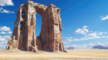 Towering rock structure with natural archways and ledges, set against a flat desert plain under a bright blue sky with a few scattered clouds.