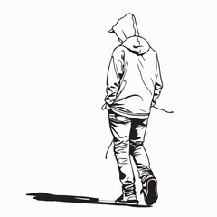 Young Man Wearing a Hoodie Walking Alone Seen from Behind in a Minimalist Vector Illustration