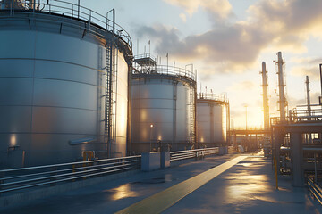 Obraz premium Row of large metallic storage tanks at a refinery under a partly cloudy sky