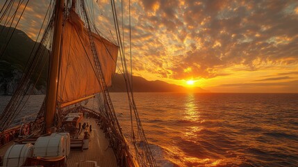 Sunset sailboat sailing on ocean.