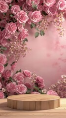 Obraz premium Wooden Display Stand Surrounded by Pink Floral Background