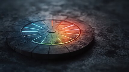 Sustainable Harmony Concept. Colorful circular wheel on a textured surface, showcasing a gradient of hues, symbolizing creativity and design elements.