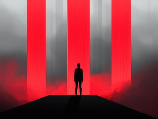 A lone figure stands before towering red structures, shrouded in mist, creating a dramatic and mysterious atmosphere.