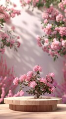 Obraz premium Delicate Pink Roses on Wooden Stand with Floral Background