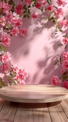 Serene Floral Background with Pink Blooms and Wooden Surface Display