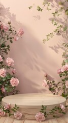 Elegant Floral Background with Pink Roses and Wooden Platform