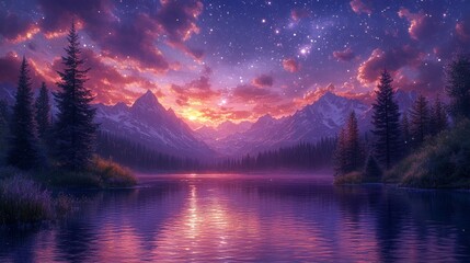 Fototapeta premium Magical sunset over serene mountain lake and forest reflecting vibrant colors in still water under starry sky.