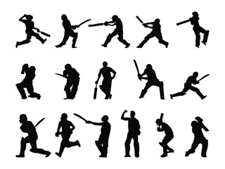 Cricket Silhouette Vector Sport Bundle, Cricket Batsman In Action, And Cricket Helmet, Stump, Gloves & Gured Isolated Black Color Clipart Bundle