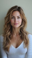 Naklejka premium Empowered Woman With Flowing Hair Poses Confidently Against a Neutral Backdrop. Generative AI