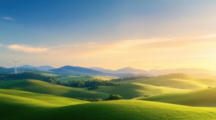 Fototapeta premium Wind Turbines in Rolling Hills Under Bright Blue Sky with Cows
