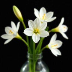 Fototapeta premium Delicate white flowers blooming in a vase with isolated apricots on black background, petals, spring