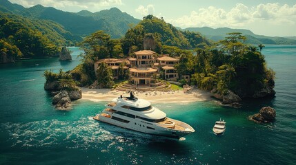 Luxurious Island Mansion with Yacht and Tender Boats