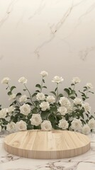 Elegant White Roses Arrangement on Wooden Display with Marble Background