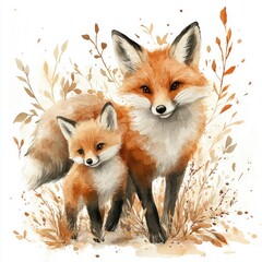 Obraz premium A charming illustration of a mother fox and her cub walking together in a serene, nature-inspired setting