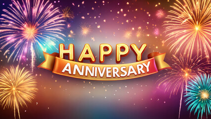Happy wedding anniversary banner with colorful firework background.
