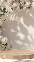 Elegant White Roses with Soft Shadows on Wooden Surface Background